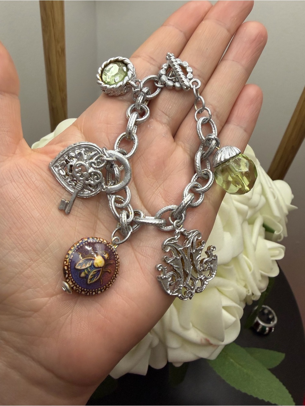 Silver-Tone Charm Bracelet with Green and Purple Accents
